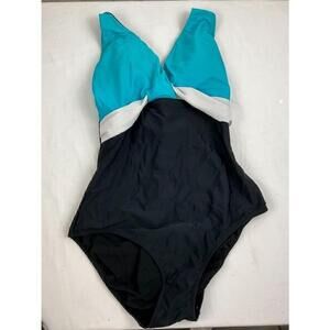 Women's Venus One-Piece Bathing Suit Teal Black Crossback Swimsuit Size 14